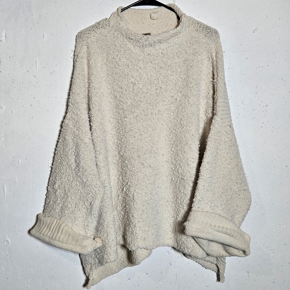 Free People Cuddle Up Pullover Sweater S Cream Oversized Boucle Knit Mock Neck